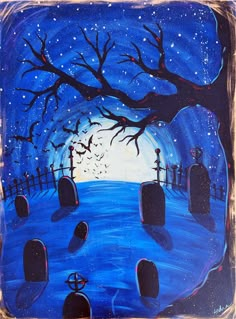 an acrylic painting of a graveyard at night