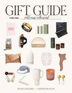 the gift guide for the wellness enthusiast is shown in this graphic style, with various items and