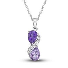 This exquisite necklace features a duo of vibrant pear-cut amethysts in two shades, separated by a swirl of sparkling white lab-created sapphires. Styled in gleaming sterling silver, the pendant sways from an 18-inch cable chain and secures with a lobster clasp. Purple Teardrop Fine Jewelry Necklace, Fine Jewelry Purple Teardrop Pendant Necklace, Purple Teardrop Pendant Fine Necklace, Purple Teardrop Pendant Necklace For Anniversary, Mini Jewelry, White Lab, Purple Necklace, Necklace Clasps, Dear Reader