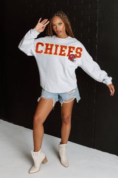 KANSAS CITY CHIEFS READY TO RALLY RELAXED FIT HEATHERED LONG SLEEVE FR Relaxed Fit Long Sleeve Tops For School Spirit, Long Sleeve Tops With Relaxed Fit For School Spirit, Relaxed Fit Long Sleeve Fan Apparel Top, Sporty Long Sleeve Top For Game Day, Collegiate Long Sleeve Sweatshirt Fan Merchandise, Game Day Long Sleeve Graphic Print Top, Varsity Style Fan Merchandise Tops For Fall, Game Day Long Sleeve Top With Graphic Print, Collegiate Long Sleeve Tops For Game Day