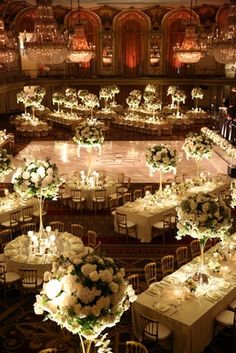 an overhead view of a banquet hall with tables and chairs set up for formal function