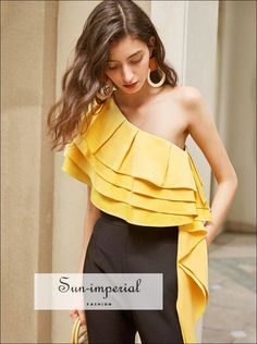 Elegant Yellow Asymmetrical Women One Shoulder top with Layered Ruffles Hem detail Summer Blouse chick sexy style Imperial Fashion, Fashion Tops Blouse, Summer Blouse, One Shoulder Top, Tops Blouse, Woven Pattern, Summer Blouses, Style Office, One Shoulder Tops