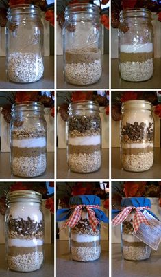 several pictures of jars filled with different types of food