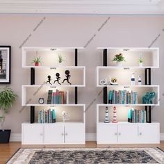 a living room with bookshelves, rug and potted plant on the floor