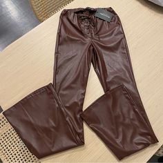 Brand New With Tags Size 4 Elegant Faux Leather Bottoms For Day Out, Trendy Faux Leather Bottoms For Day Out, Casual Brown Leather Pants For Party, Trendy Brown Leather Pants For Party, Trendy Brown Bottoms For Date Night, Brown Faux Leather Pants, Black Flare Dress, Brown Leather Pants, Flare Dress Pants