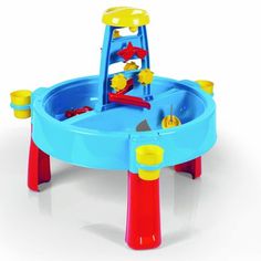 a blue and red toy water table on a white background