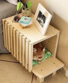 a cat laying on top of a wooden shelf next to a bed with a plant