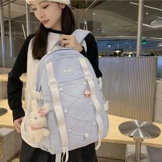 UAKISS - Preppy Style School Bags Women High-capacity Teenage Girls Canvas Backpacks Chic Fashion Bandage Design Rucksack Bolsas Length :30cm width :16cm height :44cm Harajuku Style Blue Backpack For Travel, Blue Harajuku Style Travel Backpack, Harajuku Style Blue Travel Backpack, Harajuku Style Blue Student Backpack, Blue Harajuku Style Backpack, Harajuku Style Blue Backpack, Harajuku Style Blue Standard Backpack, Blue Harajuku Backpack For Daily Use, Cute Light Blue Backpack For Daily Use