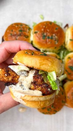 a hand holding a chicken sandwich with sauce and lettuce on it, surrounded by mini sliders