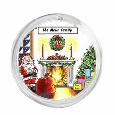 a christmas ornament with santa and his fireplace