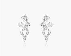 14K White Gold Geometric Cluster Diamond Earrings. These edgy petite diamond ear climbers combine a cluster of diamond studded geometric shapes with an open diamond shield for a unique fashion forward look. Luxury White Gold Cluster Diamond Earrings, Luxury Cluster Earrings In Diamond White, Luxury White Cluster Earrings With Diamond Accents, Luxury White Gold Diamond Cut Cluster Earrings, Diamond White Brilliant Cut Cluster Earrings, Modern Diamond Jewelry, Gold Geometric, Fancy Color Diamonds, Diamond Settings