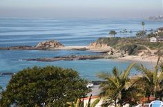 an ocean view with houses and palm trees in the foreground, and blue water on the far side