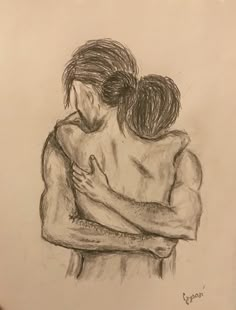 a drawing of two people hugging each other