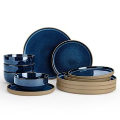 blue and brown dinnerware set with plates