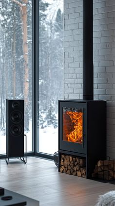 Modern wood stove in a stylish living room, showcasing warmth and elegance.