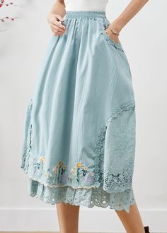 Natural Sky Blue Embroidered Patchwork Cotton Skirt FallFabric: Cotton BlendedSize & Fit: This garment fits true to size.Length: Size 2XL measures 32.76"from waist to hem.Waist:Fitted - elastic waist allows stretch Hip: Loosely Fitted. room for hips.Hand Wash Cold. Vintage Fashion 1930s, Chiffon Long Dress, Half Sleeve Dresses, Fall Fabric, Floral Tunic, Long Summer Dresses, Fall Skirts, Cotton Skirt, Dress With Cardigan