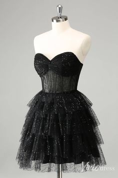 Black Sparkly Ruffled Homecoming Dresses Sweetheart Strapless Back to – Viniodress