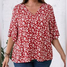 New Red And White Floral Print Blouse Short Flowy Sleeves P2p 23" Length 25" Red Printed V-neck Blouse, Red V-neck Blouse, Red Floral Print V-neck Top, Red V-neck Floral Print Top, Blush Pink Top, Flowy Sleeves, White Halter Maxi Dress, Floral Print Blouses, V Neck Blouse