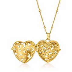 Ross-Simons - 18kt Gold Over Heart Locket Necklace, Diamond Accent. 18". Openwork swirls and a diamond accent decorate this sweet 18kt yellow gold over sterling silver heart locket necklace. For a special surprise, it opens to hold a 5/8" x 3/4" photo of your choice. Would make a lovely gift for a birthday, holiday or milestone. Suspends from a curb chain with a springring clasp. 18kt gold over sterling heart locket necklace. Diamond birthstones are the perfect gift for April birthdays. Silver Heart Locket, Locket Necklace Vintage, Gold Heart Locket, Necklace With Diamond, Diamond Birthstone, Heart Locket Necklace, Necklace Diamond, Heart Locket, Sterling Silver Heart