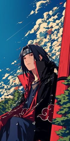 an anime character sitting on top of a red pole in front of the blue sky