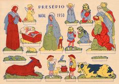 an old book with pictures of people and animals in different colors, including the birth of jesus