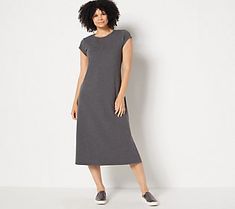 A Perfect 10 in Perfect Jersey. This soft-knit dress is, depending on the accessories, whatever you need it to be: a wear-to-work outfit, a comfy lounge-about, or an easy canvas for date-night dressing. From Denim & Co.® Fashions.  Original item is A399755. This product may be a customer return, vendor sample, or on-air display and is not in its originally manufactured condition. It may not be new. In some instances, these items are repackaged by QVC. Comfy Lounge, Easy Canvas, Perfect 10, Soft Knits, Denim Dress, Knit Dress, Work Outfit, Round Neckline, Cap Sleeves