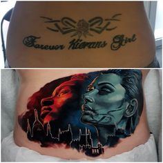 two pictures of the same woman's stomach with tattoos on it and one has a tattoo