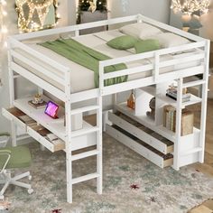 a white bunk bed with desk underneath it and christmas lights on the wall behind it