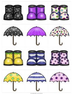 several pairs of rain boots and umbrellas