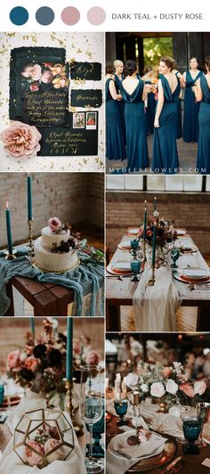 a collage of photos showing different types of table settings and colors for the wedding party