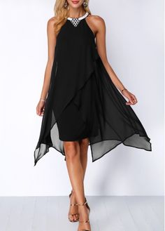 Size:XXL;Size:XL;Color:Black;Size:L;Size:M;Size:S;Package Contents:1 X Dress;Occasion:Work;Season:Summer;Decoration:Hot Drilling;Neckline:Halter;Sleeve&apos;s Length:Sleeveless;Dress Length:Knee Length;Style:Elegant;Pattern Type:Solid;Clothing Length:91.50;Color Scheme:Black;Washing Instructions:Hand Wash;Composition:95% Polyester, 5% Spandex;Silhouette:Straight; Navy Blue Chiffon Dress, Blue Chiffon Dresses, Sleeveless Chiffon Dress, Black Chiffon Dress, Gaun Fashion, Chique Outfits, Fashion Dresses Online, Club Party Dresses, Chiffon Midi Dress