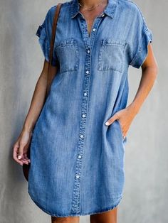 Denim Shirt Dress Women, Elegant Shirt Dress, Short Sleeve Denim Dress, Short Sleeve Denim Shirt, Marine Uniform, Dress Sleeve Length, Denim Midi Dress, Denim Dresses, Collared Shirt Dress