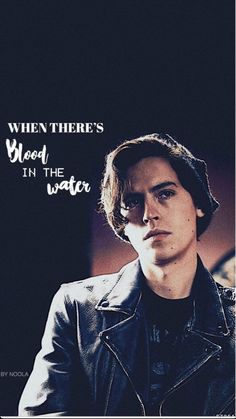 a young man wearing a leather jacket and hat with the quote when there's blood, i'm in the water