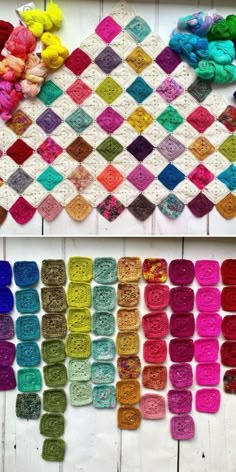 crochet squares and yarns laid out on a white wooden surface with different colors