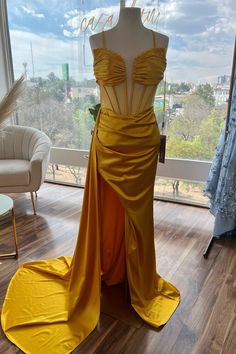 Yellow Beaded Mermaid Satin Deep V Neck Long Prom Dress with Slit Dream Prom Dress, Beaded Mermaid, Dream Prom, Prom Dresses Yellow, Wedding Dress With Pockets, Satin Material, Long Prom Dress, Mermaid Dresses, Prom Dresses Long