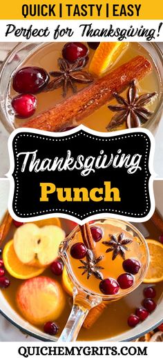 A colorful pitcher of Non-Alcoholic Thanksgiving Punch, brimming with slices of oranges, apples, and cranberries, garnished with cinnamon sticks and star anise. The punch is served in clear glasses, showing off the vibrant hues of the fruits and spices, making it a visually stunning and refreshing beverage perfect for the holiday season. Apple Juice Punch, Thanksgiving Drinks Non Alcoholic, Thanksgiving Cider, Fall Punch Recipes, Apple Cider Punch, Thanksgiving Fruit, Holiday Punch Recipe