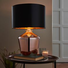 Modern Copper Glass Table Lamp – Black Shade & Bold Design - Decor interiors Copper Table Lamp, Eclectic Contemporary, Copper Table, Copper Glass, Table Lamp Shades, Fabric Lampshade, Led Lamps, Black Table Lamps, Glass Table Lamp