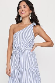 Get ready to make endless summer memories with a warm weather-ready look like the Lulus Gleeful Getaway Blue and White Striped One-Shoulder Midi Dress! This dreamy dress is composed of linen-cotton blend fabric that boasts a blue and white striped pattern as it shapes a darted bodice and a one-shoulder neckline, supported by a single tying strap. The high, elasticized waist, with a matching sash belt, sits atop an A-line tiered skirt that falls to a sophisticated midi hem. Fit: This garment fits Summer One-shoulder Cotton Dress, Summer Light Blue One-shoulder Mini Dress, Light Blue One-shoulder Mini Dress For Summer, Light Blue One Shoulder Mini Dress For Summer, Summer Dresses With Tie Straps For Day Out, Striped Summer Mini Dress For Day Out, Blue One Shoulder Dress For Brunch, Spring Beach One-shoulder Mini Dress, Spring One-shoulder Mini Dress For Beach