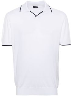 white cotton knitted construction contrasting trim ribbed trim polo collar V-neck short sleeves unlined straight hem Contrasting Trim, Versace Outfit, Polo Shirt White, Airport Fashion, Cotton Polo Shirt, Nike Air Max 97, Cotton Polo, White Shirts, Sweaters Knitwear