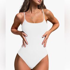 White Spaghetti Strap Bodysuit Nwot Size L White Fitted Cami Bodysuit, Spaghetti Strap Bodysuit For Beach Season, Spaghetti Straps Bodysuit For Beach Season, Casual Spaghetti Strap Bodysuit For Swimming, Vacation Bodysuit With Spaghetti Straps, Summer Cami Swimwear With Adjustable Straps, Stretch Bodysuit With Spaghetti Straps For Vacation, Summer Solid Bodysuit With Adjustable Straps, Solid Color Summer Bodysuit With Adjustable Straps