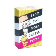 a cardboard box that has some type of food on it, with the words taco cat goat cheese pizza