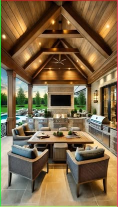 an outdoor kitchen and living room are featured in this photo with the ceiling covered in wood