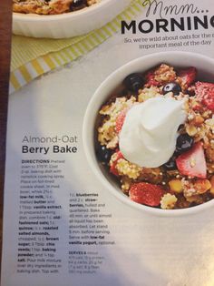 an advertisement for a berry baked oatmeal with yogurt on top