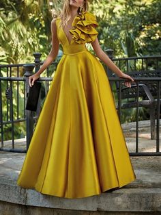 A-Line Evening Gown Elegant Dress Formal Wedding Guest Floor Length Sleeveless V Neck Satin with Shouder Flower  dress to impress 2024 2024 - $138.99 Gold Evening Gown, Formal Wedding Guests, Modest Prom, Afrikaanse Mode, Evening Dresses Online, Cheap Evening Dresses, Dresses Formal Elegant, Dresses Modest, Evening Gowns Elegant