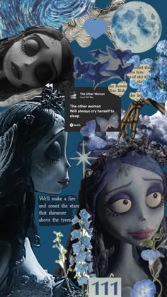 an altered collage of two women with blue hair and flowers in their hair, one is