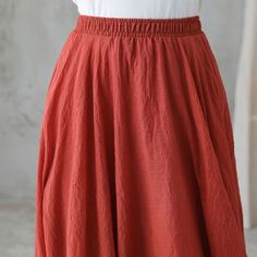 "you can wear it as a casual skirt for travelling, having a picnic with your friends, dating and shopping, Perfect for lazy days that you want to sustain a chic and stylish appearance. DETAIL * 75% linen, 25% cotton * Cotton liner * Elastic waistband * Without pockets * pleated waist detail * Plus size skirt * Circle skirt * Perfect summer spring skirt * Dry clean * The model is 170cm (5′7″) tall with a 80cm (31.5\") bust, 66cm (26\") waist. She is wearing the skirt in size XS/S in red (color 1) Casual Red Gathered Skirt, Plain Long Skirt For Summer, Summer Plain Relaxed Fit Skirt, Bohemian Long Skirt In Solid Color, Non-stretch Full Skirt With Elastic Waistband, Casual Plain Flared Skirt, Plain Summer Skirt, Casual Relaxed Fit Plain Skirt, Flowy Orange Maxi Skirt With Elastic Waistband