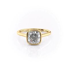 The Charlotte YG CU Bezel Set Engagement Ring, Cushion Engagement Ring, Yellow Gold Solitaire, Lab Diamond Engagement Ring, Colored Engagement Rings, Pave Band, Engagement Rings Round, Yellow Gold Setting, Hidden Halo