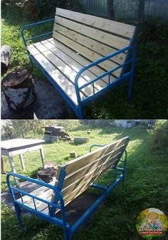 two pictures of a bench made out of pallet wood and blue metal frames, one is empty