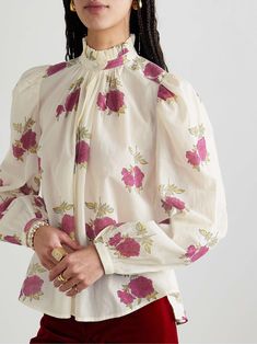 ALIX OF BOHEMIA Annabel gathered floral-print cotton-voile blouse Spring Floral Print Blouse For Gatherings, Floral Print Blouse For Spring Gatherings, Alix Of Bohemia, Winter Beauty, Ruffled Collar, 70s Vintage, Long Puff Sleeves, Puffed Sleeves, Mother Of Pearl Buttons