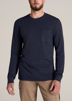 American-Tall-Men-Garment-Dyed-Long-Sleeve-Pocket-Tee-Evening-Blue-Front Tall Men, Extra Long Sleeves, Create Outfits, Fabric Collars, Dyeing Process, Tall Guys, Pocket Tee, Staple Pieces, Modern Fit